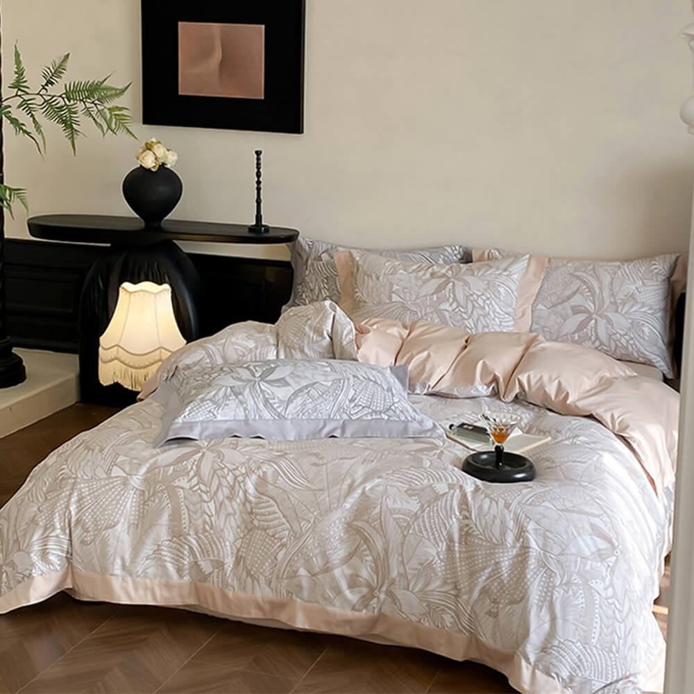 Abstract Botanical Silky Sateen Duvet Cover Bed Sheet Set