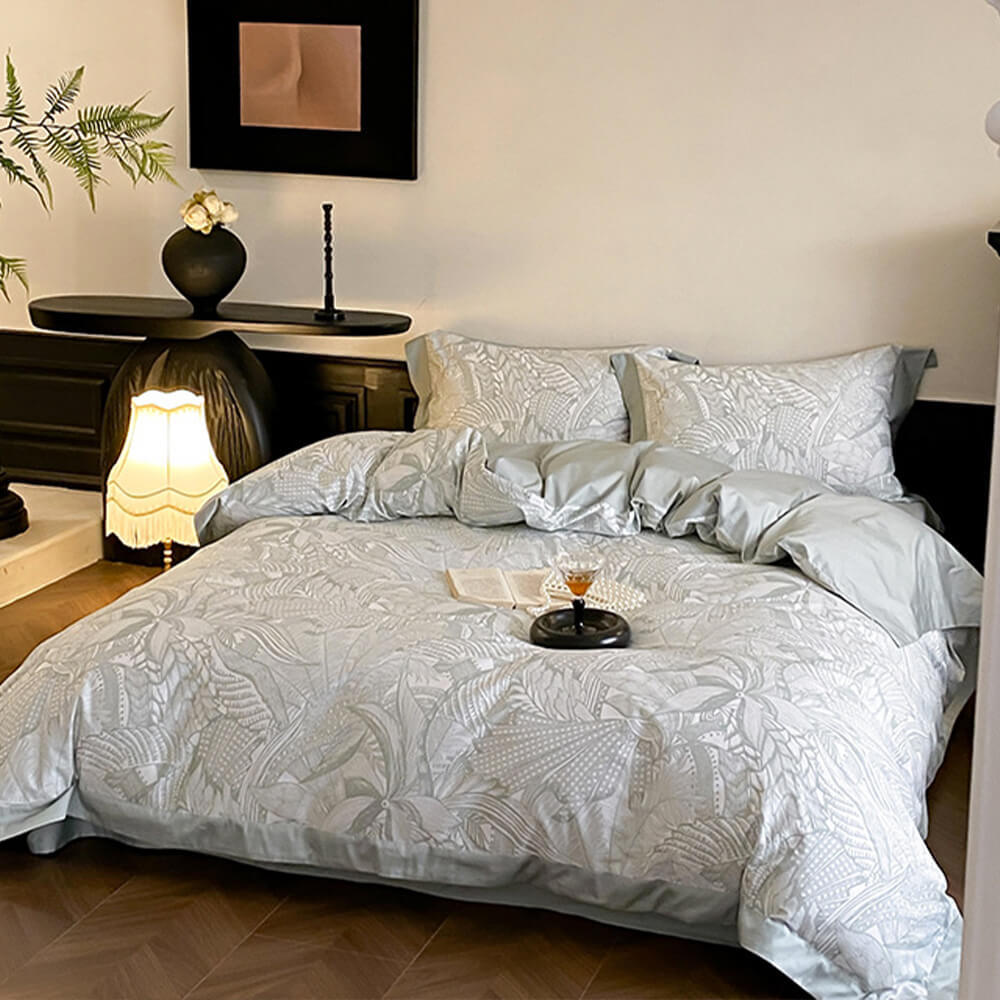 Abstract Botanical Silky Sateen Duvet Cover Bed Sheet Set