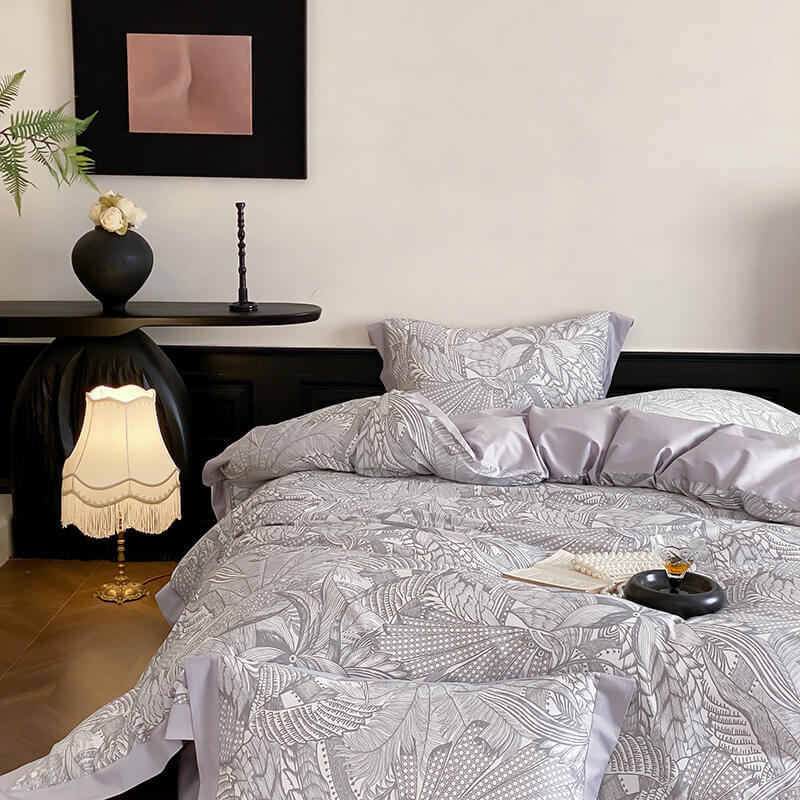 Abstract Botanical Silky Sateen Duvet Cover Bed Sheet Set