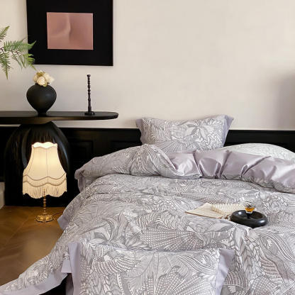 Abstract Botanical Silky Sateen Duvet Cover Bed Sheet Set