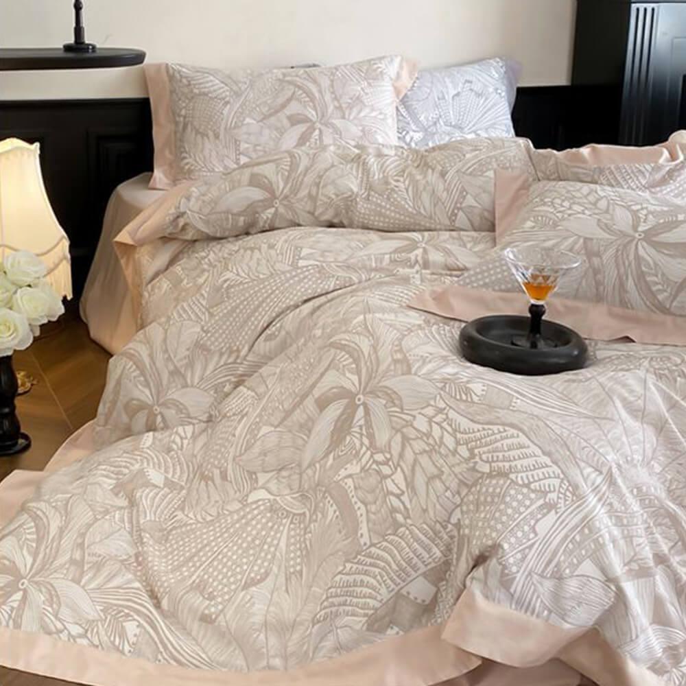 Abstract Botanical Silky Sateen Duvet Cover Bed Sheet Set