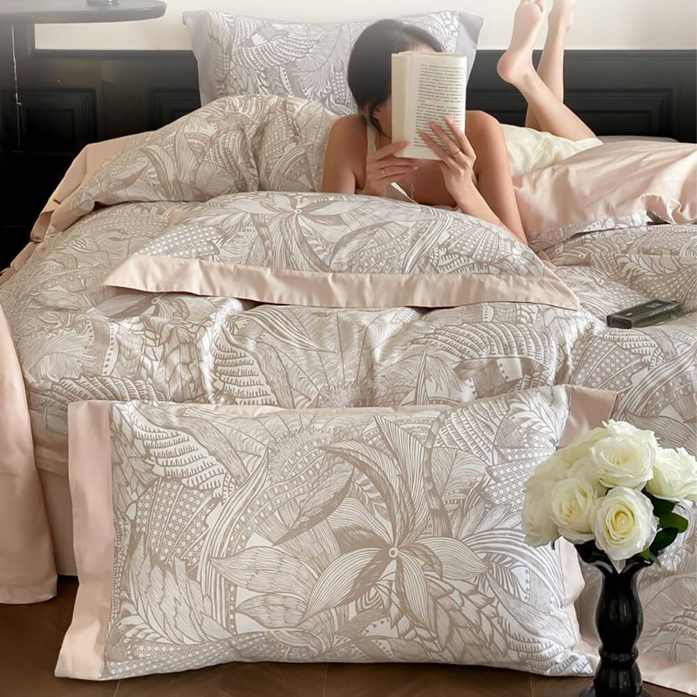 Abstract Botanical Silky Sateen Duvet Cover Bed Sheet Set