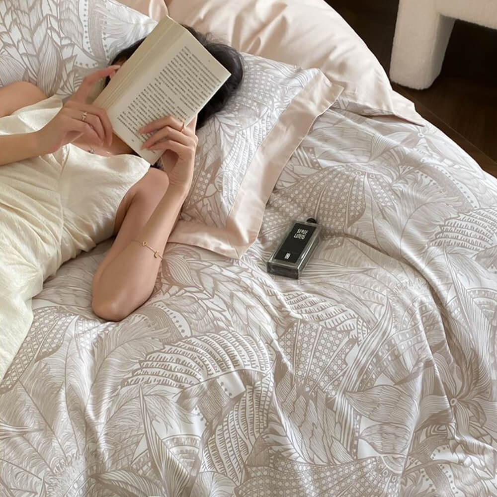 Abstract Botanical Silky Sateen Duvet Cover Bed Sheet Set