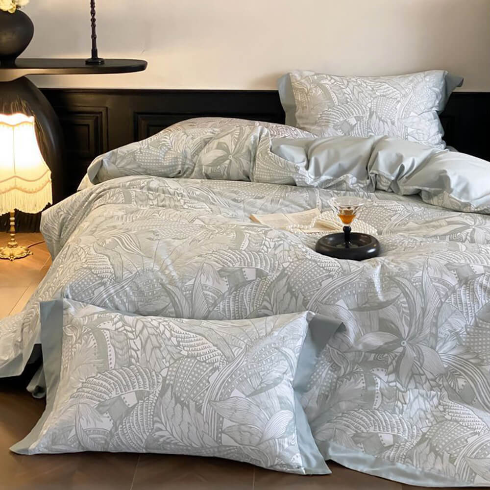 Abstract Botanical Silky Sateen Duvet Cover Bed Sheet Set