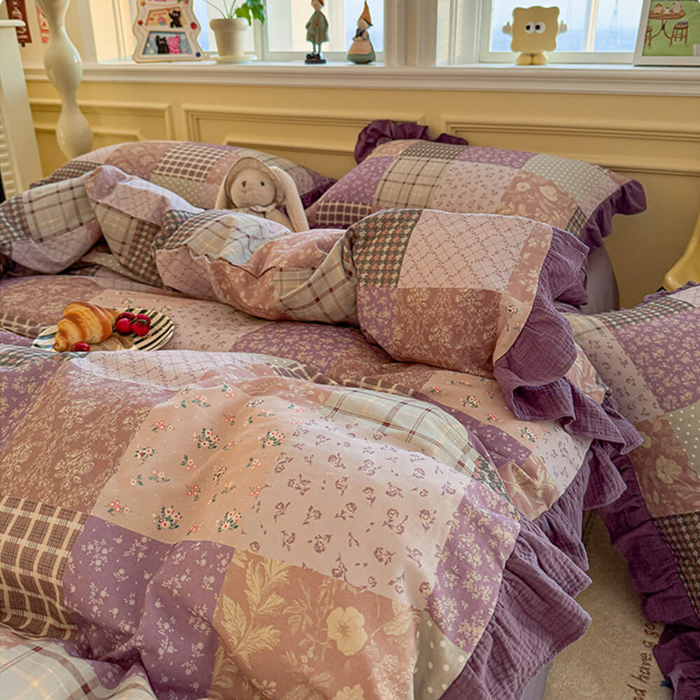 Romantic Colorblock Double Cotton Lace Bed Sheet Set