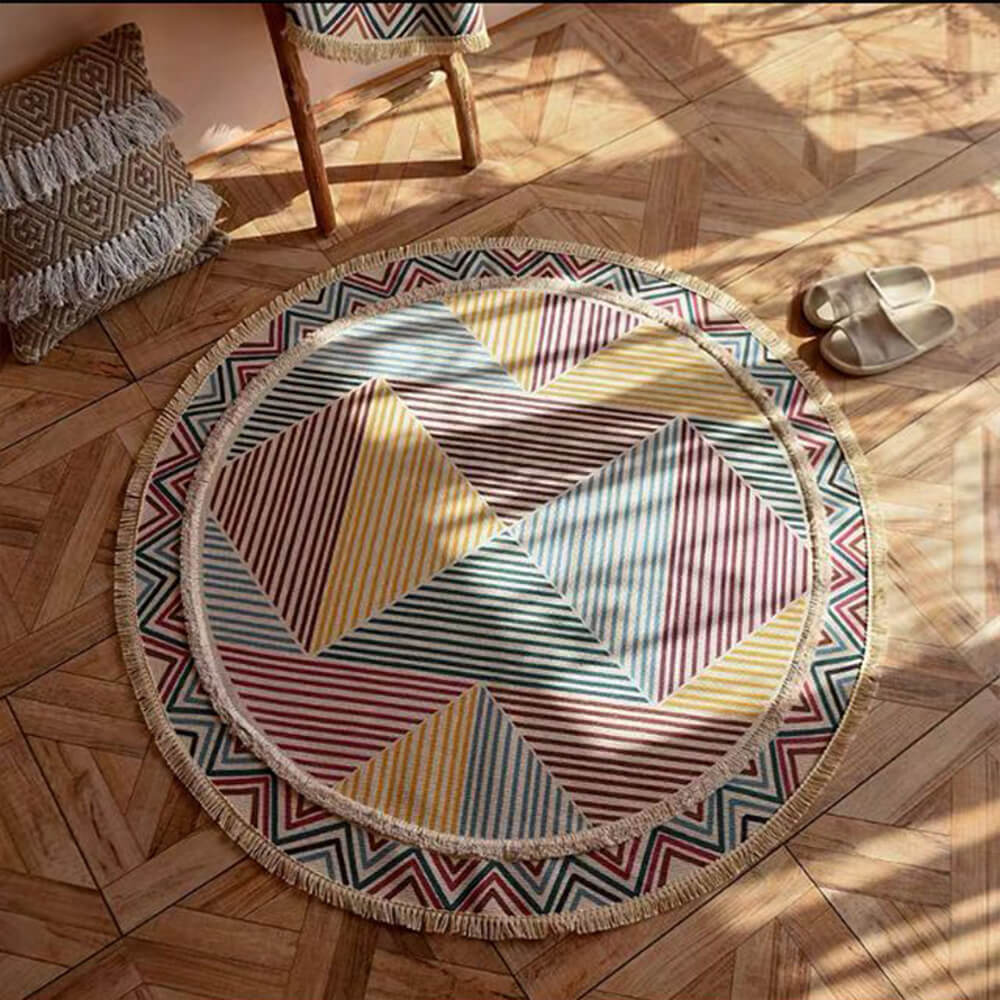 Hand-woven Cotton Linen Vintage Round Rug