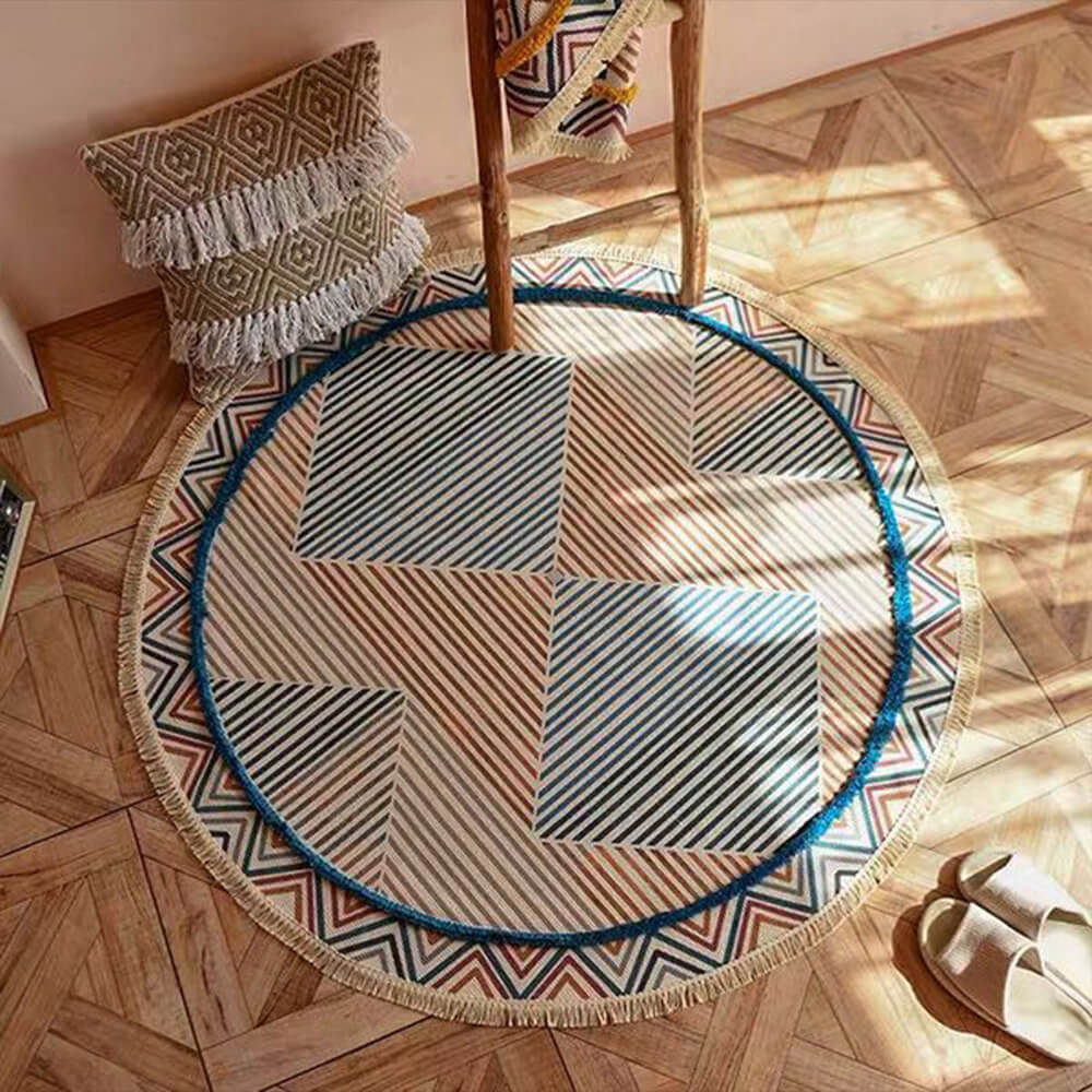 Hand-woven Cotton Linen Vintage Round Rug