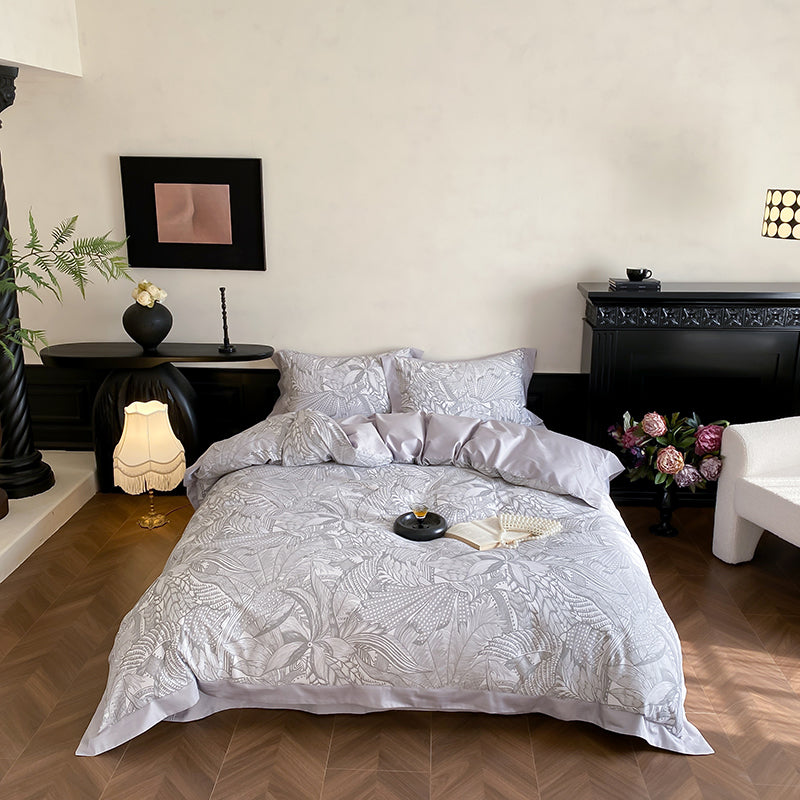 Abstract Botanical Silky Sateen Duvet Cover Bed Sheet Set