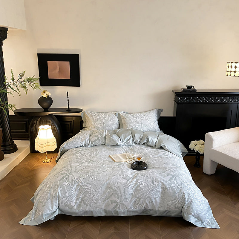 Abstract Botanical Silky Sateen Duvet Cover Bed Sheet Set