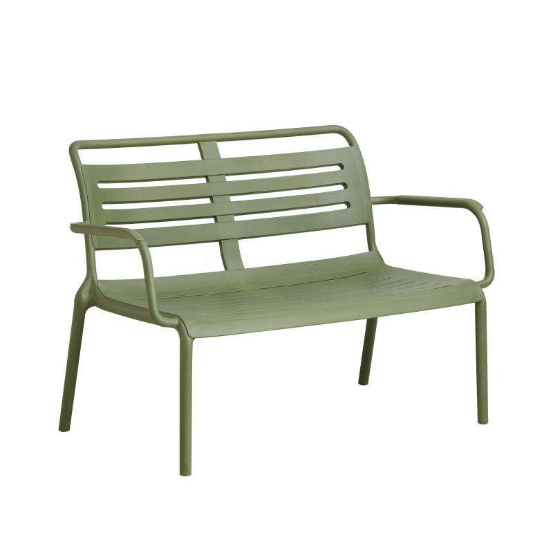 Slatted PP Plastic Outdoor 2-Seater Bench - Commercial Patio Loveseat with Armrests for Restaurant, Cafe & Hotel