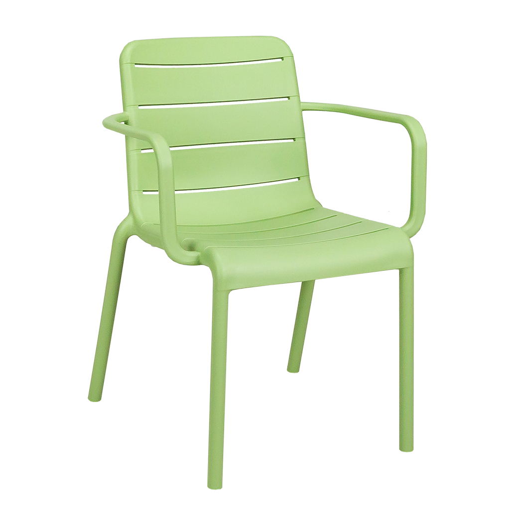 One-Piece Molded Horizontal Slatted PP Arm Dining Chair Stackable All Plastic Outdoor Patio Chair for Hotel Cafe Wholesale