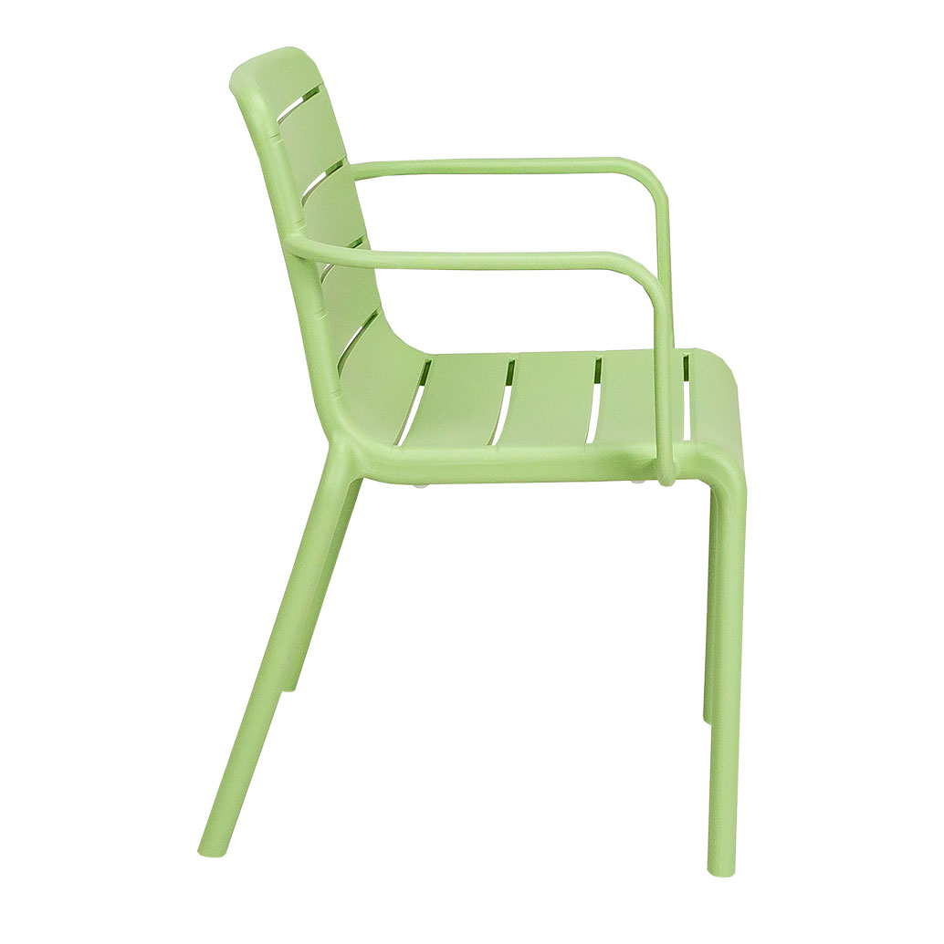 One-Piece Molded Horizontal Slatted PP Arm Dining Chair Stackable All Plastic Outdoor Patio Chair for Hotel Cafe Wholesale