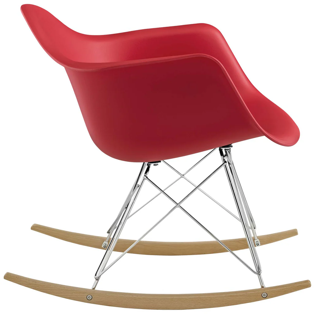 Eames RAR Red Polypropylene Rocking Chair with Armrests, Wood Base-PP Chair