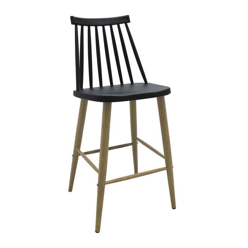 Windsor Style PP Plastic Bar Stool with Wood-Look Metal Legs - Counter Height Kitchen Stool for Cafe & Restaurant