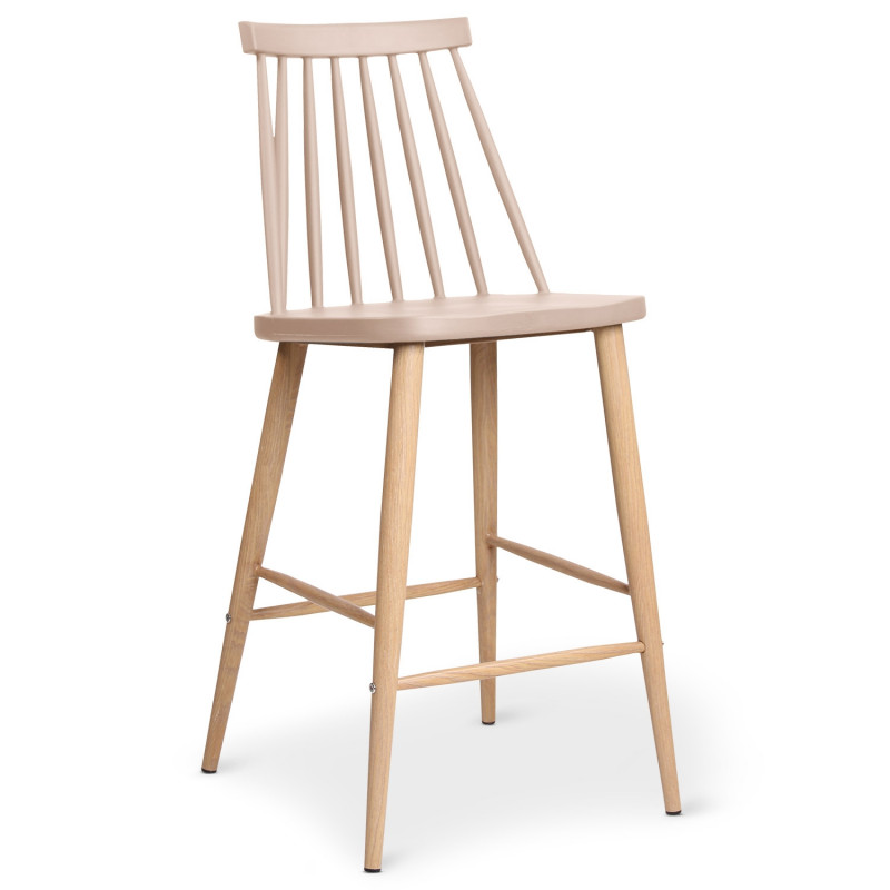 Windsor Style PP Plastic Bar Stool with Wood-Look Metal Legs - Counter Height Kitchen Stool for Cafe & Restaurant