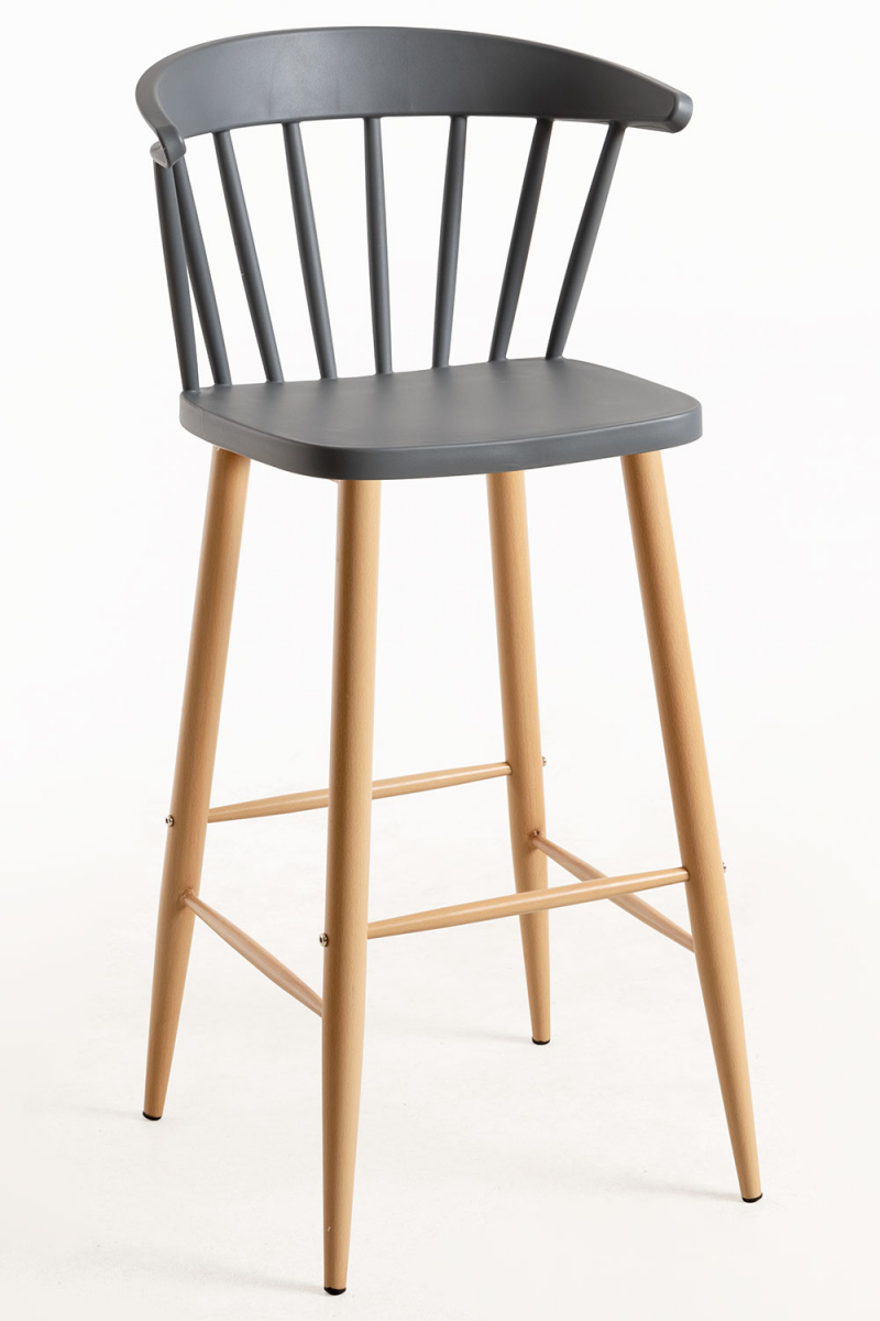 Windsor Style PP Plastic Bar Stool with Wood-Look Metal Legs - Counter Height Kitchen Stool for Cafe & Restaurant