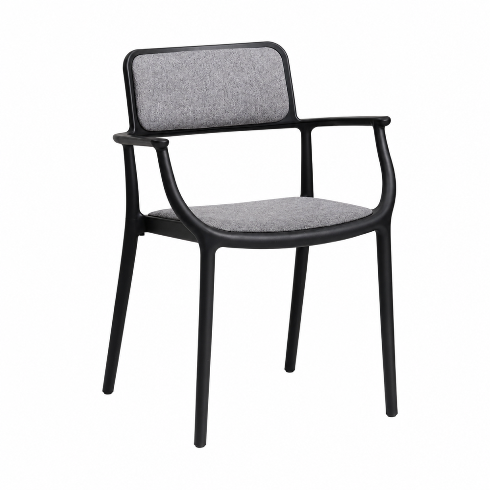 Black monobloc PP frame grey fabric upholstered stackable hospitality armchair PATIVIN