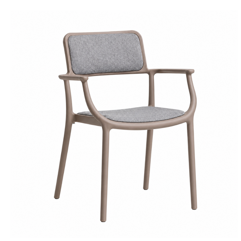 Taupe monobloc PP frame grey fabric upholstered stackable hospitality armchair PATIVIN
