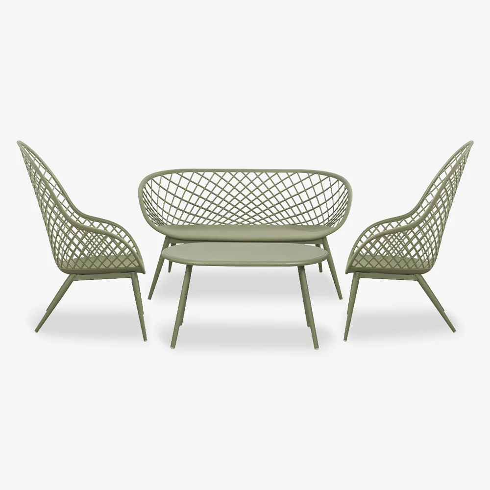 PP Outdoor Loveseat Sofa – Woven Backrest with Powder-Coated Metal Frame
