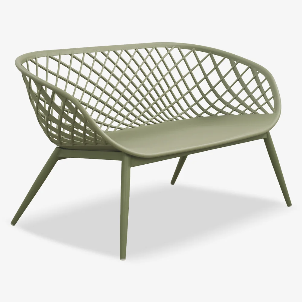 PP Outdoor Loveseat Sofa – Woven Backrest with Powder-Coated Metal Frame