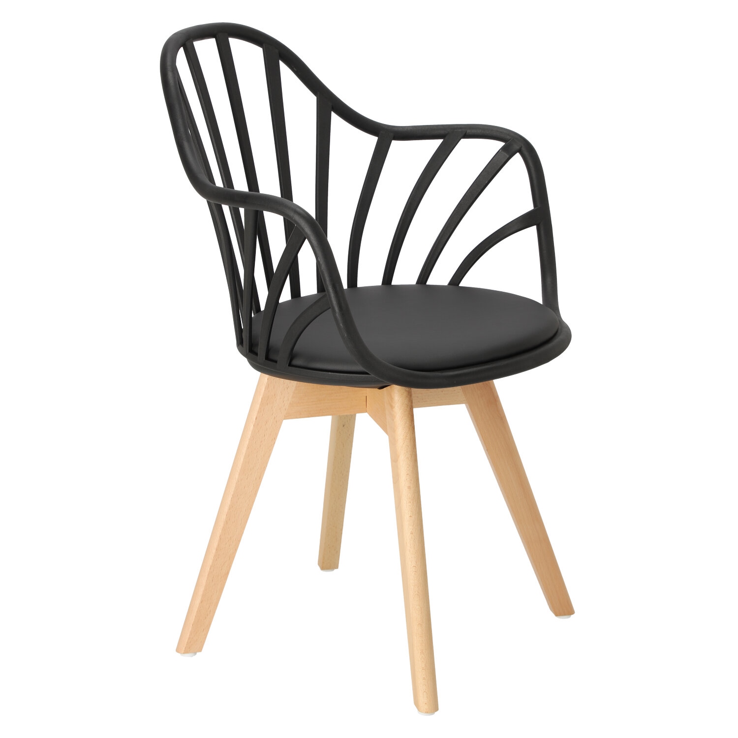 Black Cushioned Plastic Armchair With Wood Feet-PP Chair