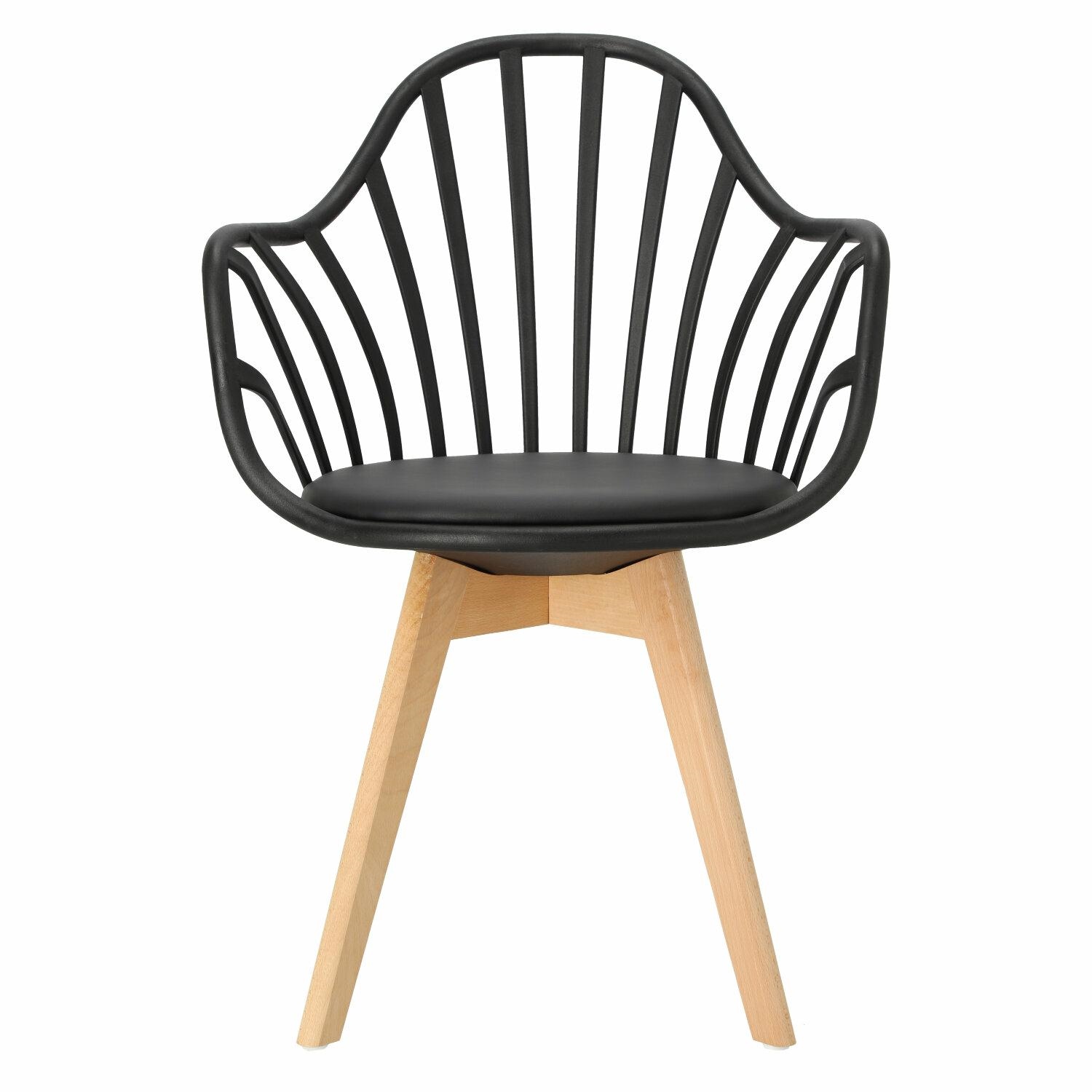 Black Cushioned Plastic Armchair With Wood Feet-PP Chair