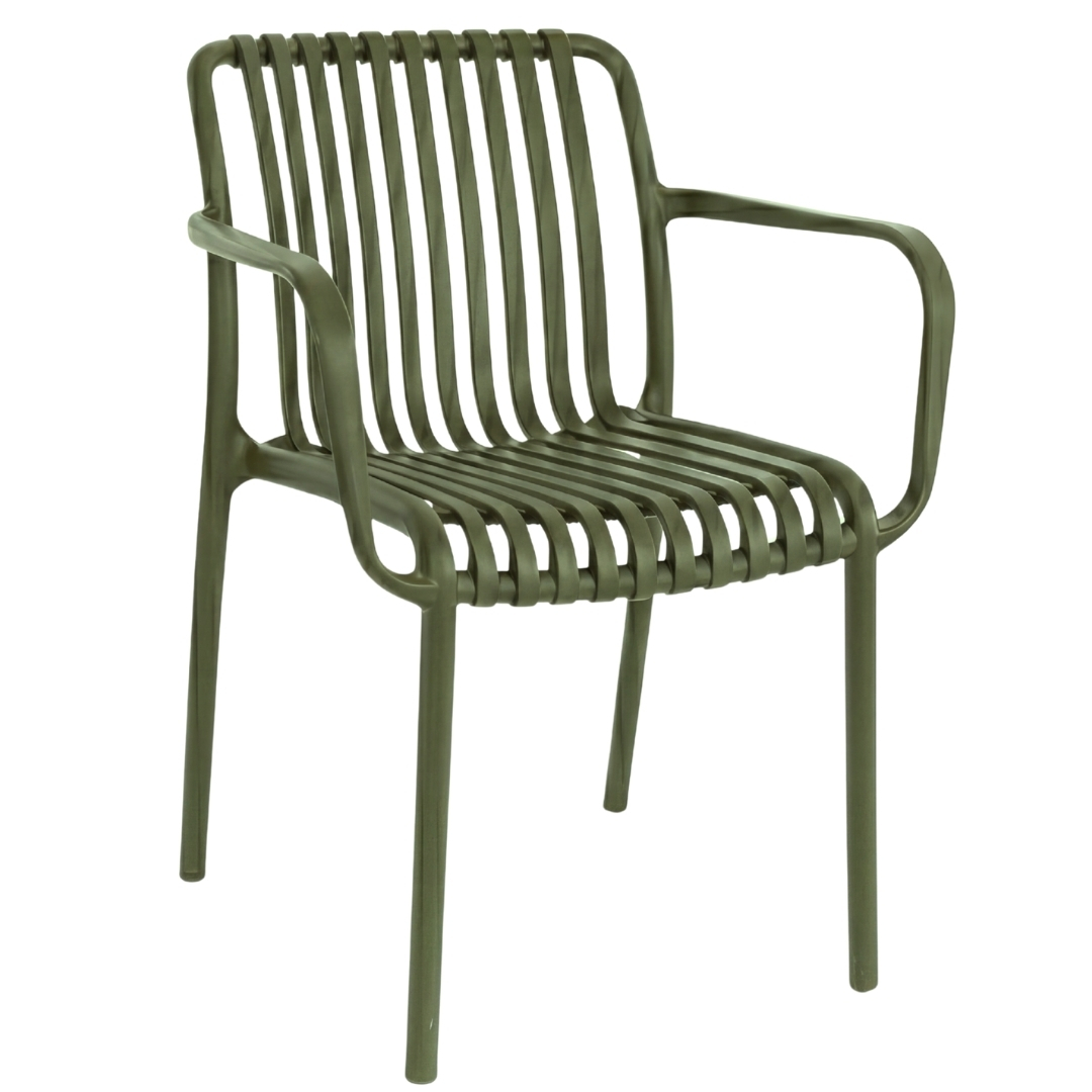 PATIVIN Monobloc Molded Vertical Slatted PP Armchair Stackable Striped Plastic Patio Dining Arm Chair for Cafe Hotel Resort Wholesale