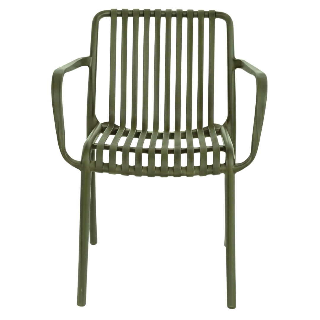 PATIVIN Monobloc Molded Vertical Slatted PP Armchair Stackable Striped Plastic Patio Dining Arm Chair for Cafe Hotel Resort Wholesale