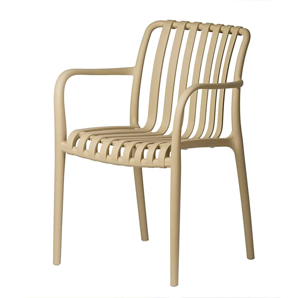 Modern PP Plastic Dining Chair with Slatted Back & Arms – Outdoor Seating