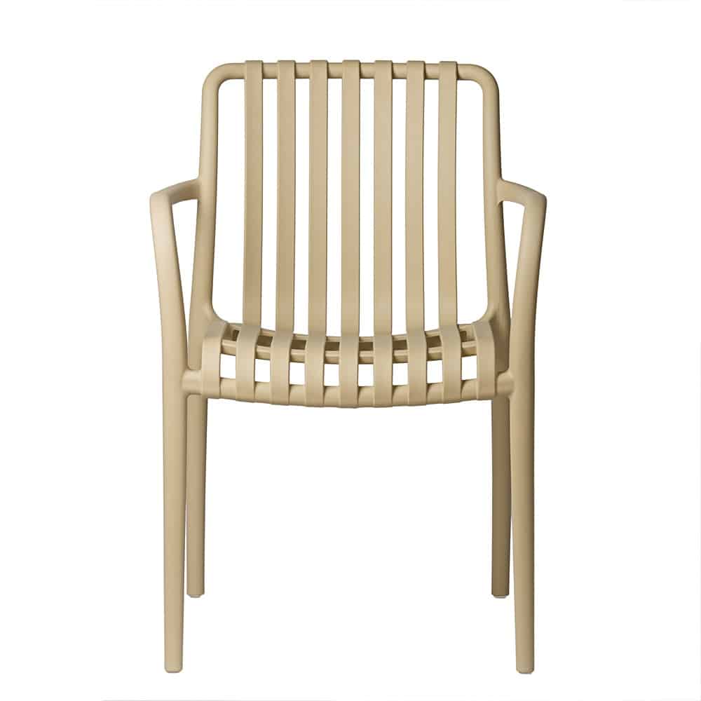 Modern PP Plastic Dining Chair with Slatted Back & Arms – Outdoor Seating
