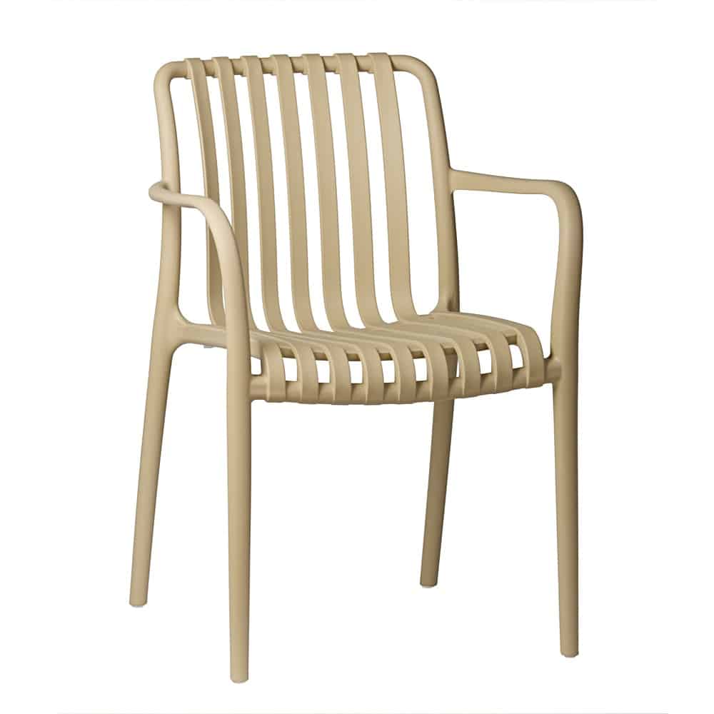 Modern PP Plastic Dining Chair with Slatted Back & Arms – Outdoor Seating