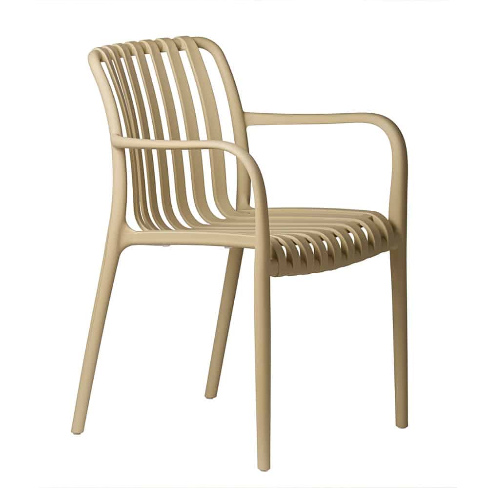 Modern PP Plastic Dining Chair with Slatted Back & Arms – Outdoor Seating