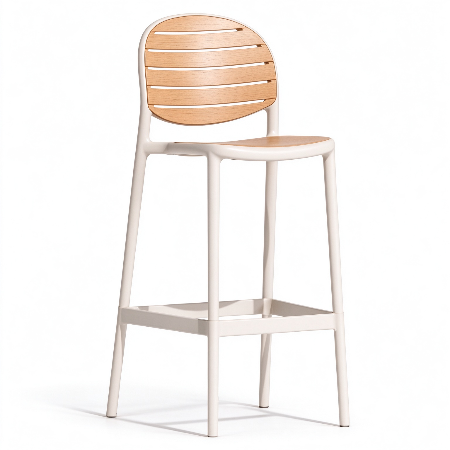 Modern PP Plastic Bar Stool with Wood-Look Slat Back – Commercial Seating