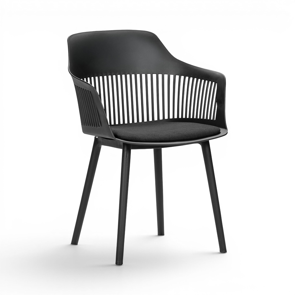 Modern Slatted Back PP Plastic Armchair with Upholstered Cushion, Commercial Nordic Dining Chair for Cafe, Restaurant & Office Project