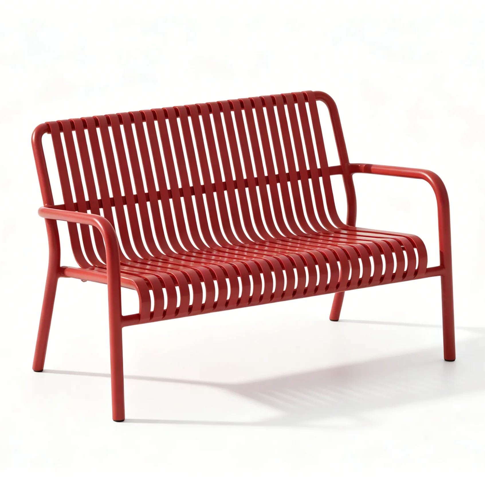 Slatted PP Plastic Outdoor 2-Seater Bench - Modern Patio Loveseat with Armrests for Restaurant, Cafe & Hotel