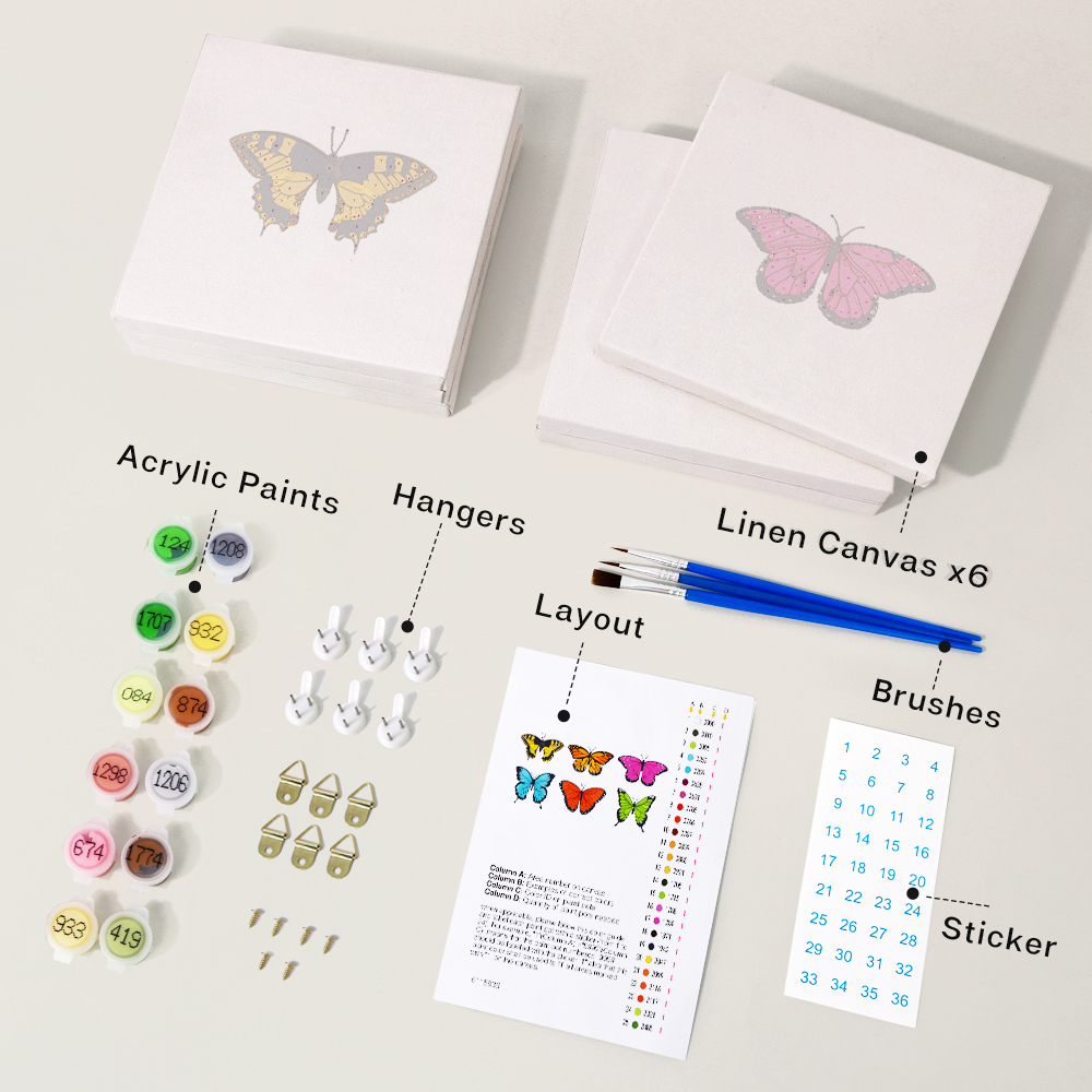 6 pieces, beautiful butterfly accessory digital mini painting set, 15x15cm/5.9x5.9 inches, handmade for home leisure, perfect gift for family and friends.