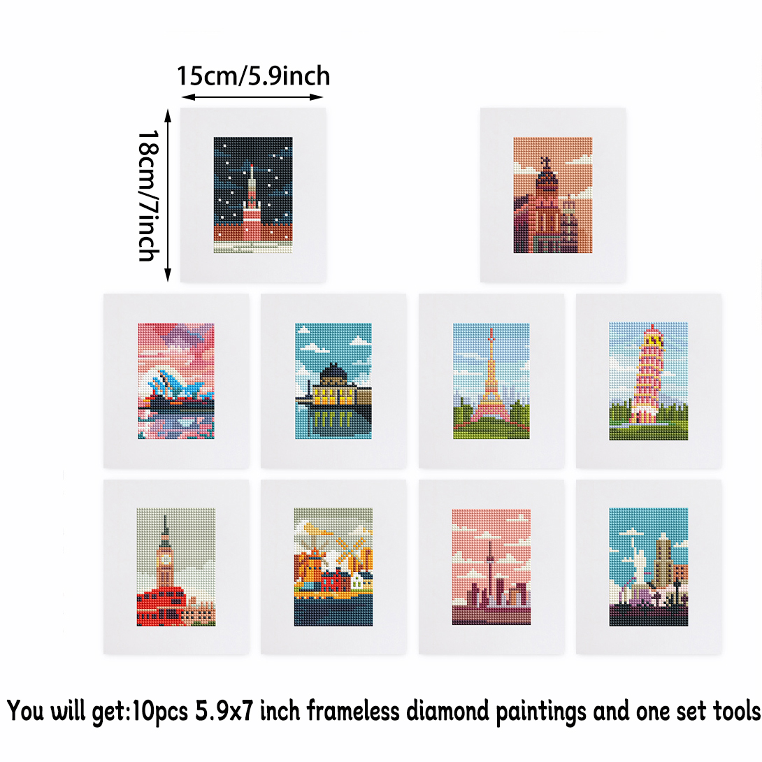 Frameless, mini diamond painting, architectural creative mini diamond painting on the entrance flower house desktop, creative simple pattern diamond painting, 10 pcs, 5.9 X7 inches.