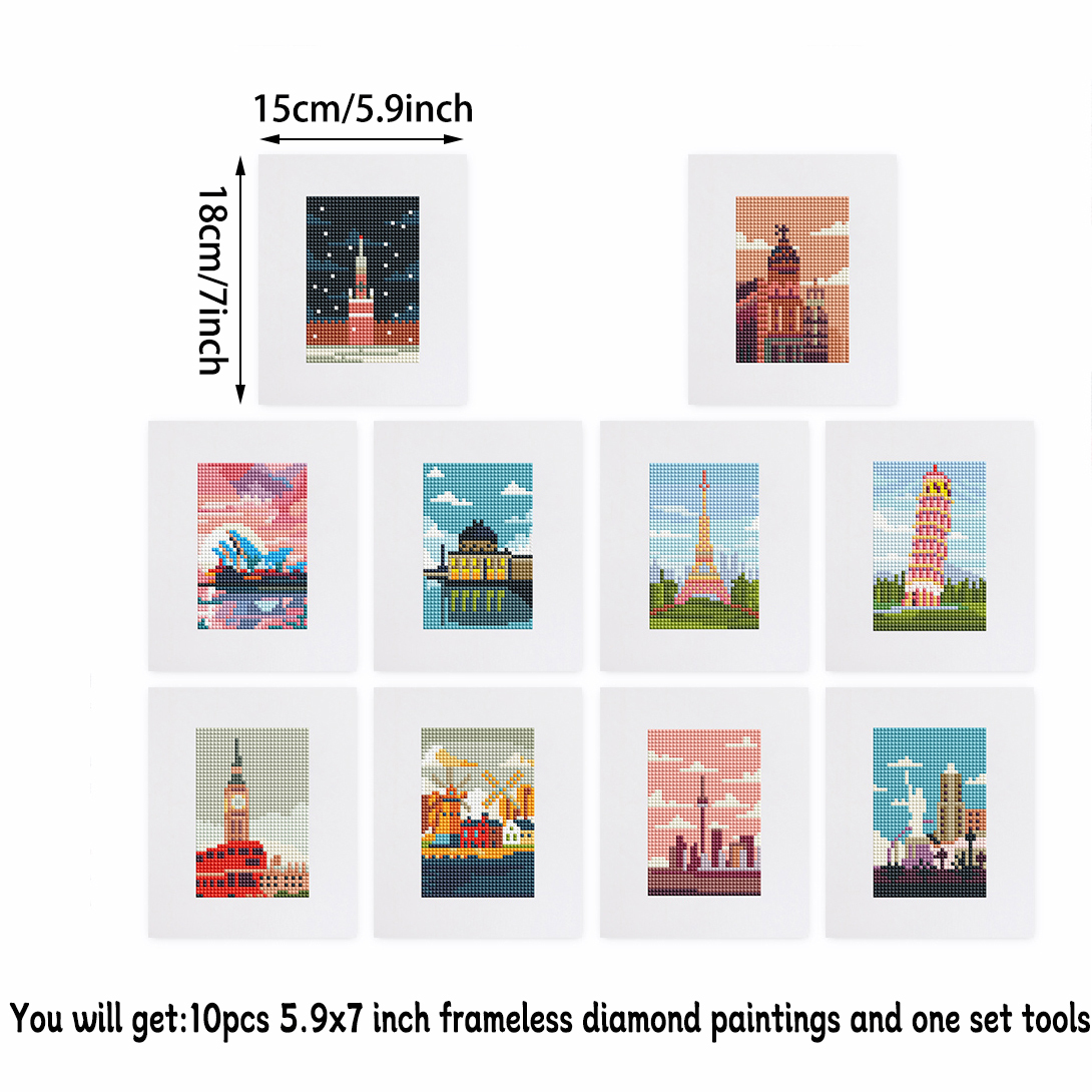 Frameless, mini diamond painting, architectural creative mini diamond painting on the entrance flower house desktop, creative simple pattern diamond painting, 10 pcs, 5.9 X7 inches.
