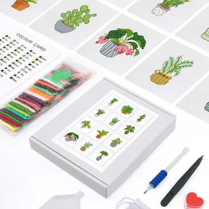 Frameless, mini diamond painting, creative mini diamond painting of green plants on the entrance flower house desktop, creative simple pattern diamond painting,12pcs, 5.9 X7 inches.