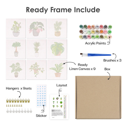 9 pieces, beautiful green plant accessory digital mini painting set, 15x15cm/5.9x5.9 inches, handmade for home leisure, perfect gift for family and friends.