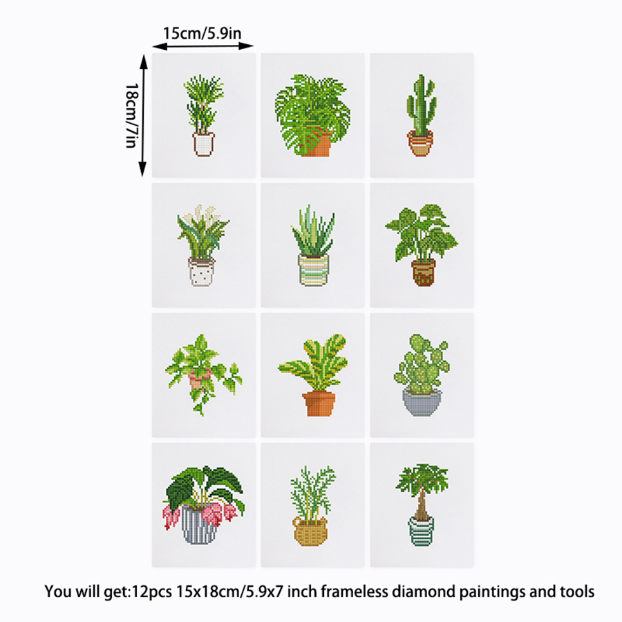 Frameless, mini diamond painting, creative mini diamond painting of green plants on the entrance flower house desktop, creative simple pattern diamond painting,12pcs, 5.9 X7 inches.