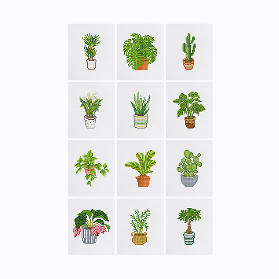 Frameless, mini diamond painting, creative mini diamond painting of green plants on the entrance flower house desktop, creative simple pattern diamond painting,12pcs, 5.9 X7 inches.