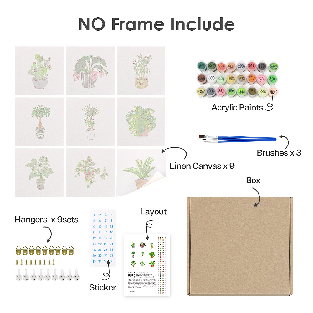 9 pieces, beautiful green plant accessory digital mini painting set, 15x15cm/5.9x5.9 inches, handmade for home leisure, perfect gift for family and friends.