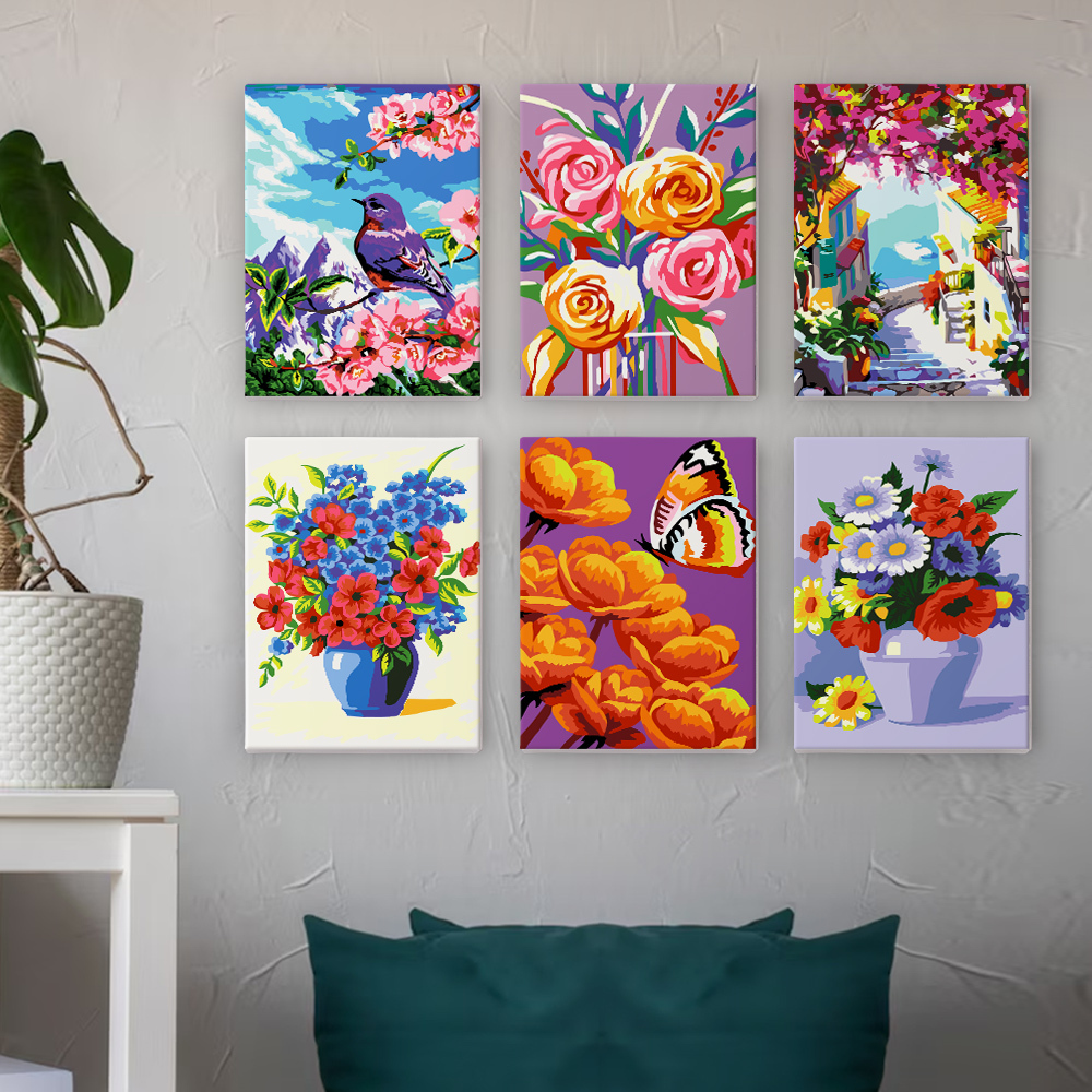 6 pieces, flower mini digital painting set, 15x20cm/5.9x7.8 inches, handmade, suitable for family leisure, is the perfect gift for family and friends.