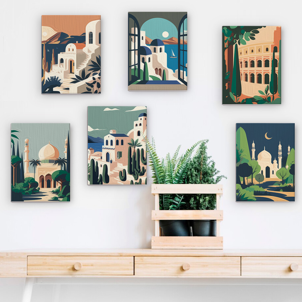 6 pieces, architectural mini digital painting set, 15x20cm/5.9x7.8 inches, handmade, suitable for family leisure, is the perfect gift for family and friends.