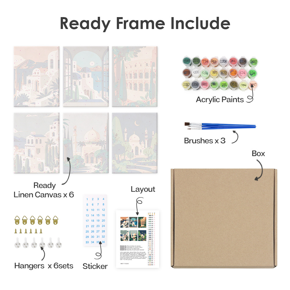 6 pieces, architectural mini digital painting set, 15x20cm/5.9x7.8 inches, handmade, suitable for family leisure, is the perfect gift for family and friends.