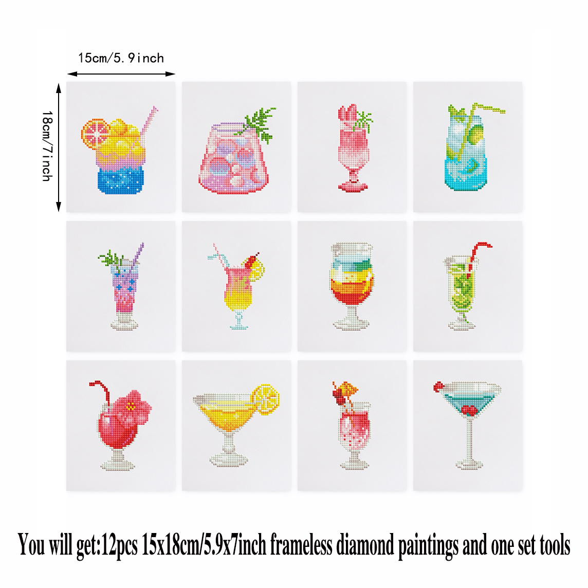 Frameless, mini diamond painting, creative mini diamond painting of summer drinks on the entrance flower house table, creative simple pattern diamond painting, 12 pcs, 5.9 X7 inches.