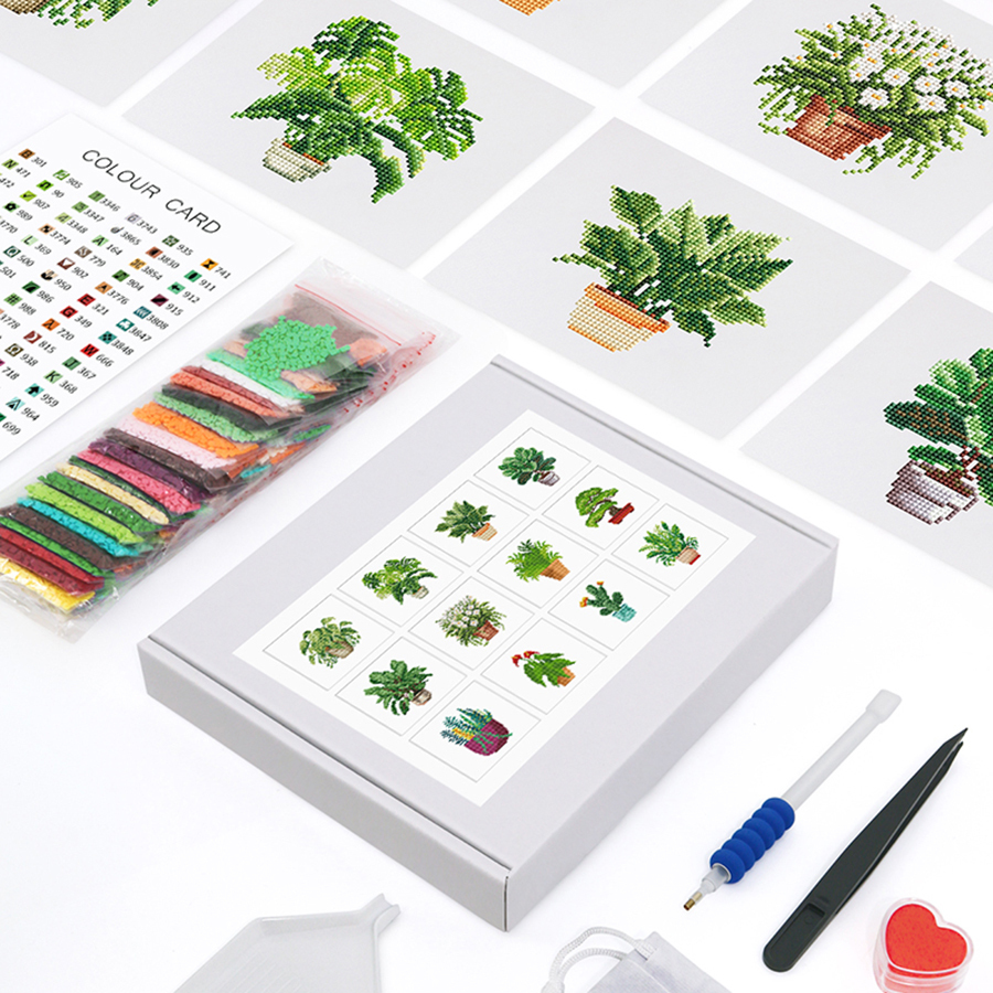 Frameless, mini diamond painting, creative mini diamond painting of green plants on the entrance flower house desktop, creative simple pattern diamond painting, 12 pcs, 5.9 X7 inches.