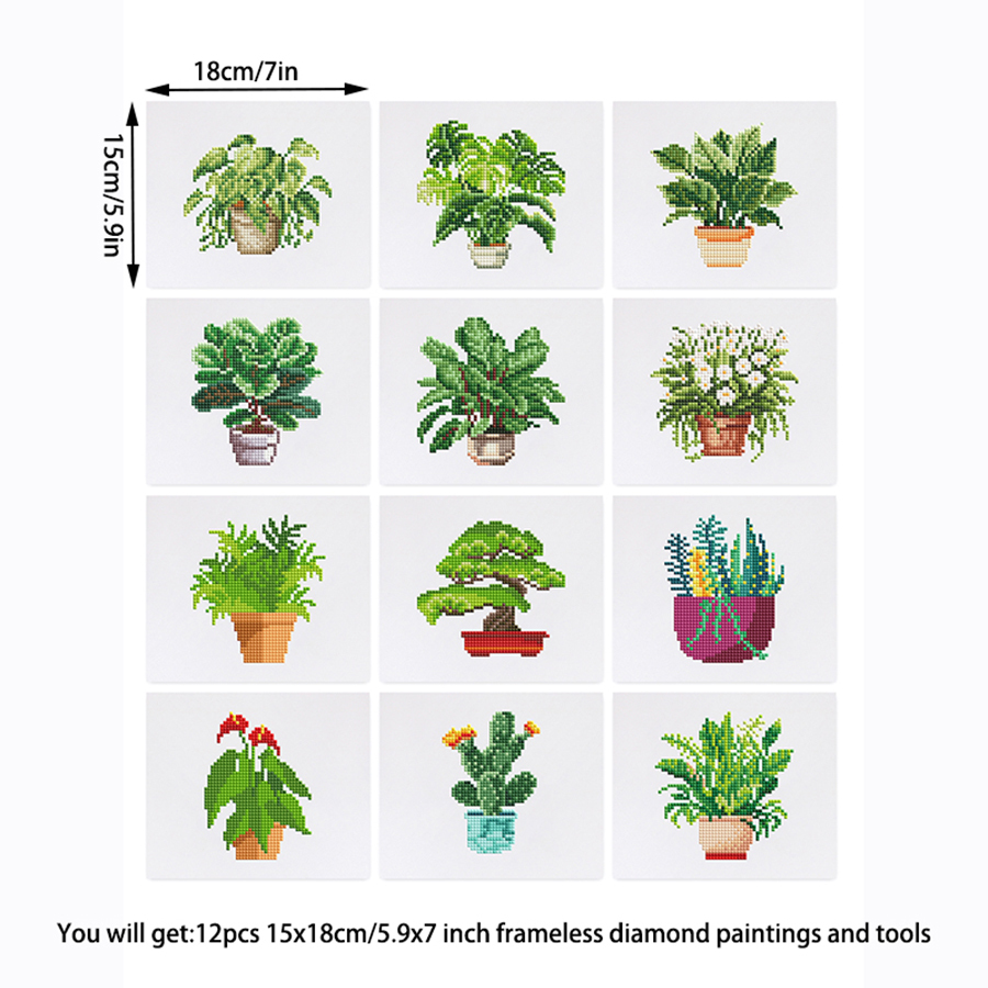 Frameless, mini diamond painting, creative mini diamond painting of green plants on the entrance flower house desktop, creative simple pattern diamond painting, 12 pcs, 5.9 X7 inches.