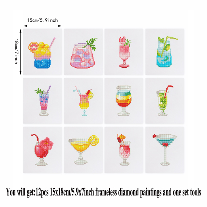 Frameless, mini diamond painting, creative mini diamond painting of summer drinks on the entrance flower house table, creative simple pattern diamond painting, 12 pcs, 5.9 X7 inches.